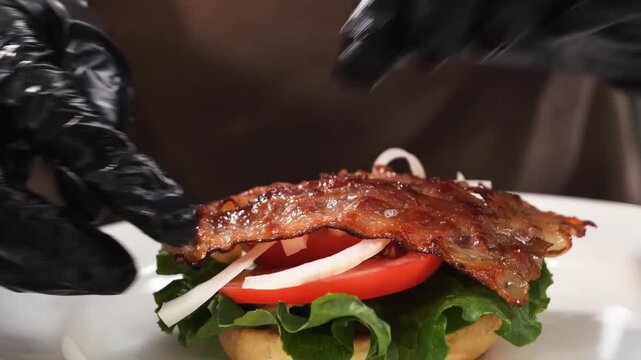 A close-up, high-angle shot of a chef wearing black gloves assembling a delicious, fresh BLT (Bacon, Lettuce, and Tomato) burger. The focus is on the crispy bacon being placed on top of the fresh ingr