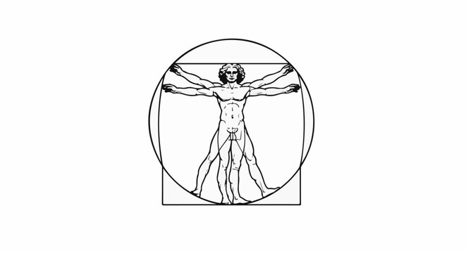 Drawing of a man within a circle and square, arms and legs outstretched