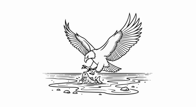 Eagle with outstretched wings swoops down to catch a fish in water