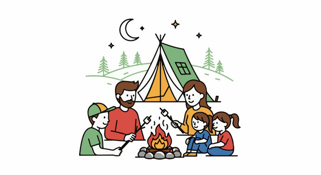 Family camping trip, roasting marshmallows over a campfire under the night sky