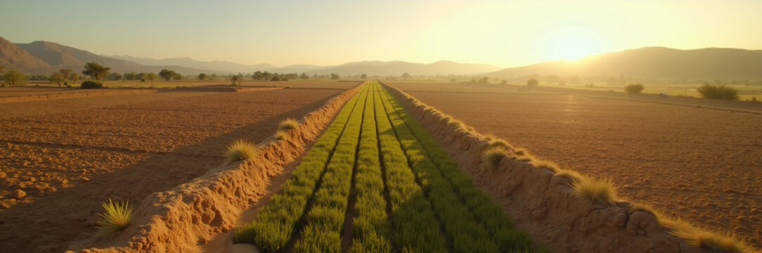 Expansive agricultural field with rows of green crops stretching toward horizon under sunset light. Agricultural landscape showcases rich furrows and lush vegetation across farmland.