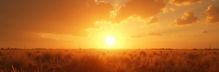 Fototapeta premium Breathtaking sunset over golden fields with clouds illuminated by warm sunlight. Scenic landscape showcases the beauty of nature at dusk,