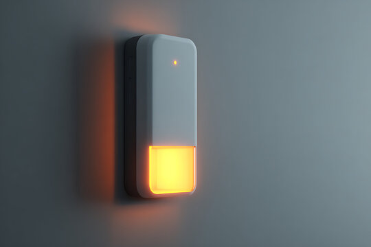 Modern smart home device with glowing orange light on gray background