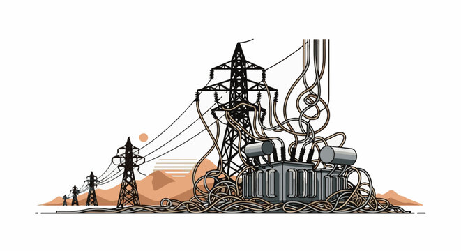 Electrical substation with pylons, transformer, and tangled wires in arid landscape