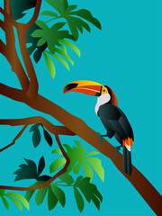 Obraz premium Flat vector illustration of a Toco Toucan perched on a tropical tree branch against a turquoise background.