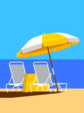 This minimalist flat illustration captures a sunny day on a tropical beach, featuring two white lounge chairs with yellow cushions shaded by a striped beach umbrella on a sandy shore with the blue oce