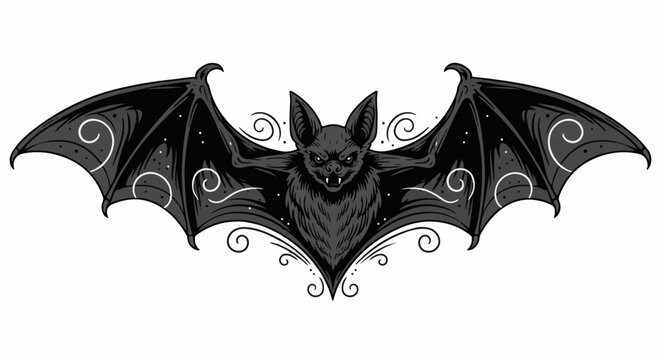 Dark, detailed bat illustration with swirling patterns on its wings