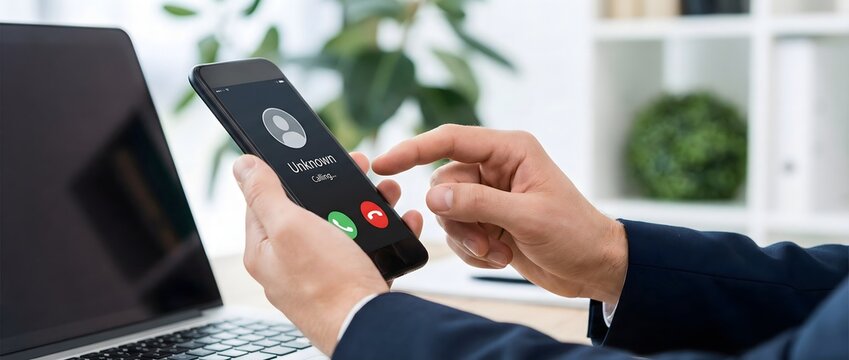 Professional's hands are shown making a crucial decision to decline an incoming call on a smartphone, displaying an 'unknown' caller, while working diligently at a laptop.