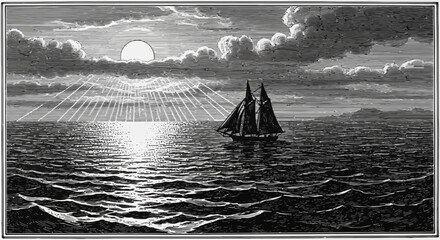 Vintage Engraving of a Sailing Ship on the Ocean at Sunset © Darul akbar