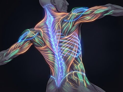 Human back anatomy illustration showing glowing neon nervous system and spinal cord details.
