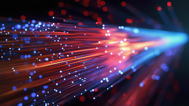 Conceptual side view of a fiber optic cable,energy and light flowing through its core,cable.
Fine, hair-like glass fibers are visible, emitting glowing particles that look like digital dust or data pa