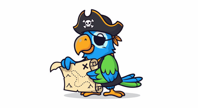 Cute cartoon pirate parrot with eye patch and treasure map