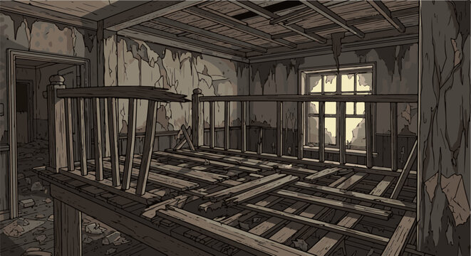 Dilapidated interior room with broken floorboards, peeling walls, and debris