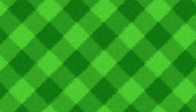 Diagonal checkerboard pattern on green grass soccer field or mown lawn