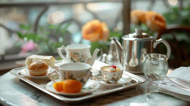 A tray of assorted finger sandwiches, scones and pastries served with a pot of hot tea in a European style afternoon tea setting.