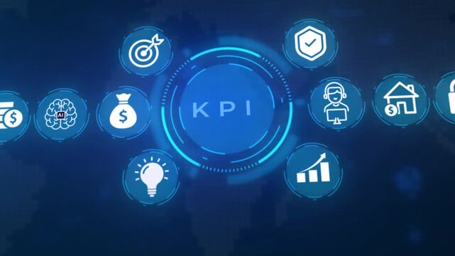 Digital infographic depicting KP key performance indicators or knowledge process with interconnected for business goals security AI finance and growth on a dark blue abstract map background
