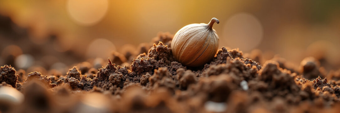 Seed resting in soil under warm sunlight, showcasing natural growth. Seed symbolizes potential and new beginnings as it awaits nourishment from earth.