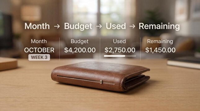 Brown leather wallet on wooden desk with finance budget tracker and statistics on screen
