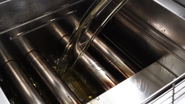 A steady stream of clear, golden vegetable oil is poured into a clean, stainless steel industrial deep fryer. This footage captures the essential preparation phase in a restaurant or fast-food environ