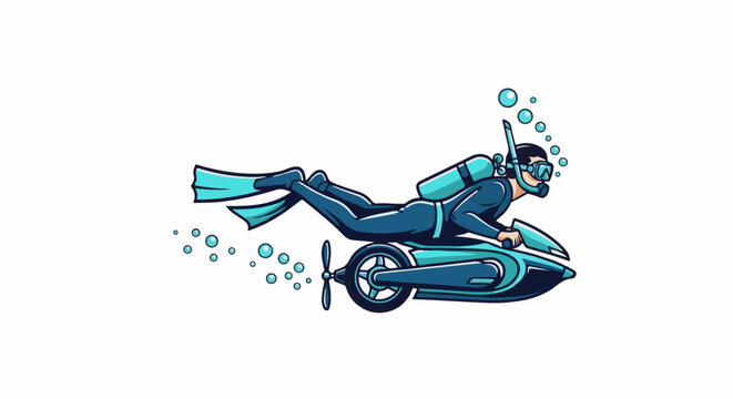 Diver with underwater scooter and bubbles