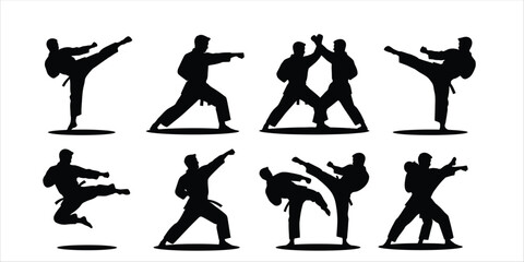 Martial arts silhouette set, karate fighters performing kicks and punches, combat sport action silhouettes. © Amena