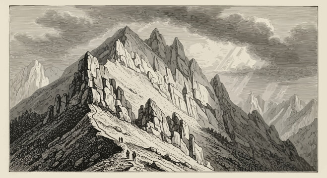 Vintage Engraving of Mountain Peaks with Hikers on a Rocky Trail