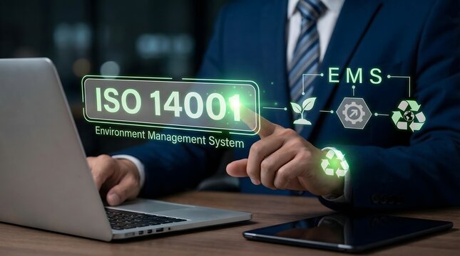 Professional businessman interactively points at a glowing iso 14001 environment management system holographic icon, connected to sustainability symbols, while working on his laptop.