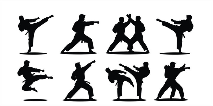 Martial arts silhouette set, karate fighters performing kicks and punches, combat sport action silhouettes.