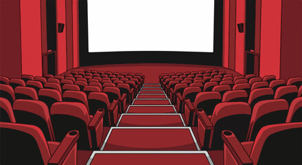 Fototapeta premium Empty red cinema seating faces a bright white screen with a dark backdrop