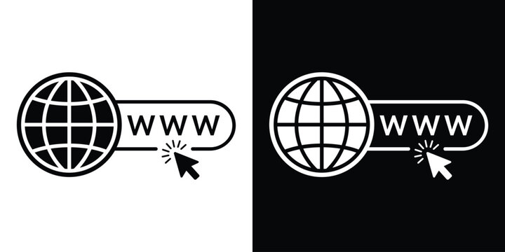 Vector icon of a globe with a "www" search bar and a clicking mouse cursor. Symbolizes web browsing, internet navigation, and online connectivity in black and white styles.