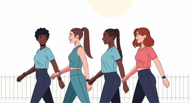 Diverse group of women in athletic wear holding hands and walking