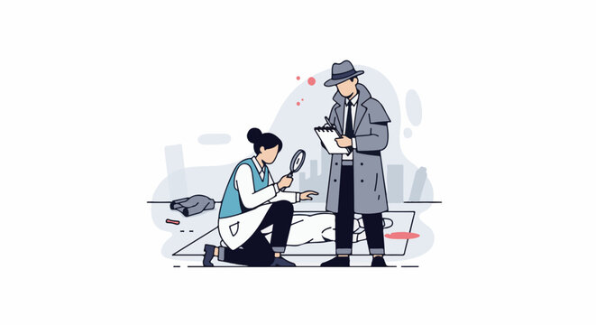 Detectives investigate a crime scene in a stylized cityscape