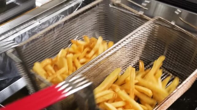 Close-up shot of crispy french fries being deep-fried in hot oil in a commercial kitchen or restaurant setting. The golden-brown potatoes are in a metal frying basket, ready to be served as a deliciou