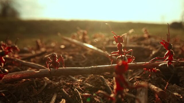 Macro wildlife footage of wood ants defending the top of an anthill against an intruder while blurred road traffic passes in the background. The scene highlights defensive insect behavior.