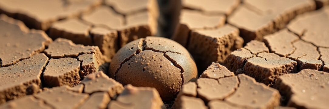 Cracked earth with egg resting on dry soil revealing drought conditions. Drought scenario highlights vulnerability of nature, showcasing egg as a symbol of hope and resilience.