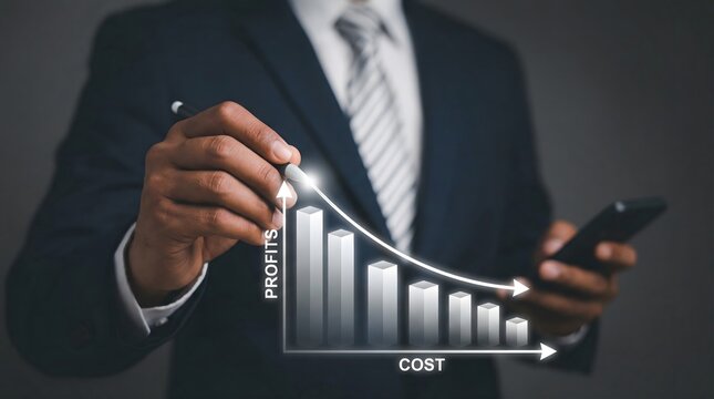 Businessman holds a smartphone and uses a stylus pen to interact with a holographic bar chart demonstrating decreasing profits and increasing costs, symbolizing critical financial challenges.