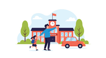 Fototapeta premium Happy father walking his young daughter to the school building entrance while waving goodbye near their parked orange family car.