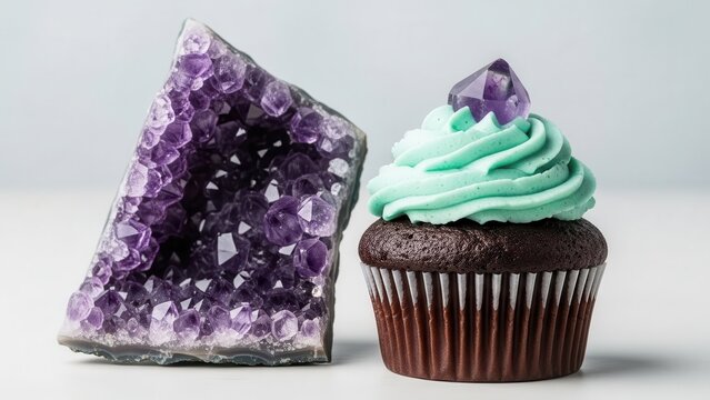 Chocolate cupcake with amethyst geode on a white surface