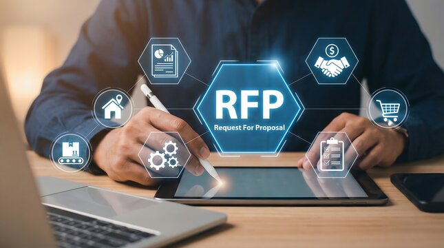 Businessman meticulously works on a digital tablet at his desk, interacting with a futuristic screen displaying "rfp request for proposal" surrounded by business icons.