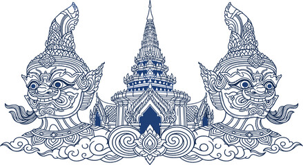 Traditional Thai Temple and Mythical Guardian Design - Intricate Line Art © Mdjony