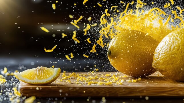 Lemon zest spray exploding from whole lemon bright yellow peel fragments scatter directions dark background wooden cutting board citrus slice culinary action