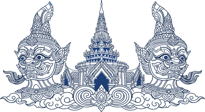 Traditional Thai Temple and Mythical Guardian Design - Intricate Line Art