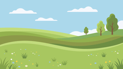 Obraz premium Beautiful green rolling hills with trees and fluffy white clouds in the bright blue sky.