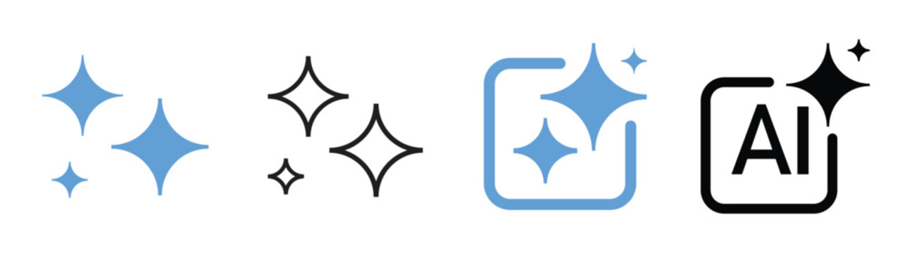 AI image generation icons set - artificial intelligence, generative AI logo icon sparkle symbol. magic shine effect,  vector illustration