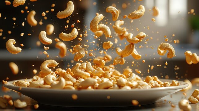 Cashew scatter bounce nuts bouncing mid-air from ceramic plate professional kitchen photography ingredient movement culinary dynamics food motion styling