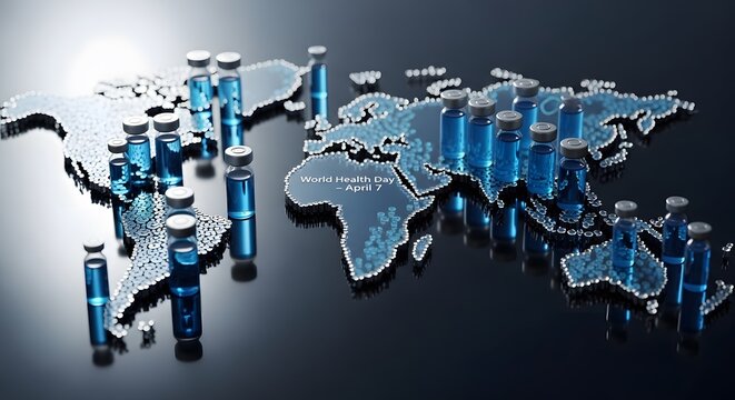 Vaccine Vials World Map With Reflections World Health Day April 7