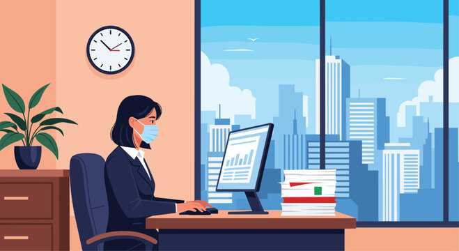 Businesswoman wearing a face mask while working at a computer in a high-rise office with a view of the city skyline through the window.
