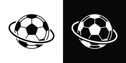 Creative sports icon showing a soccer ball with a planetary ring. Symbolizes global sports, international football tournaments, world cup events, and athletic networking. © bibin