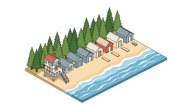 Isometric view of a peaceful beach shoreline with colorful huts, a lifeguard tower, pine trees, and gentle rolling waves.