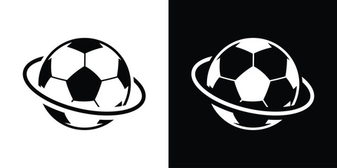 Creative sports icon showing a soccer ball with a planetary ring. Symbolizes global sports, international football tournaments, world cup events, and athletic networking. © bibin